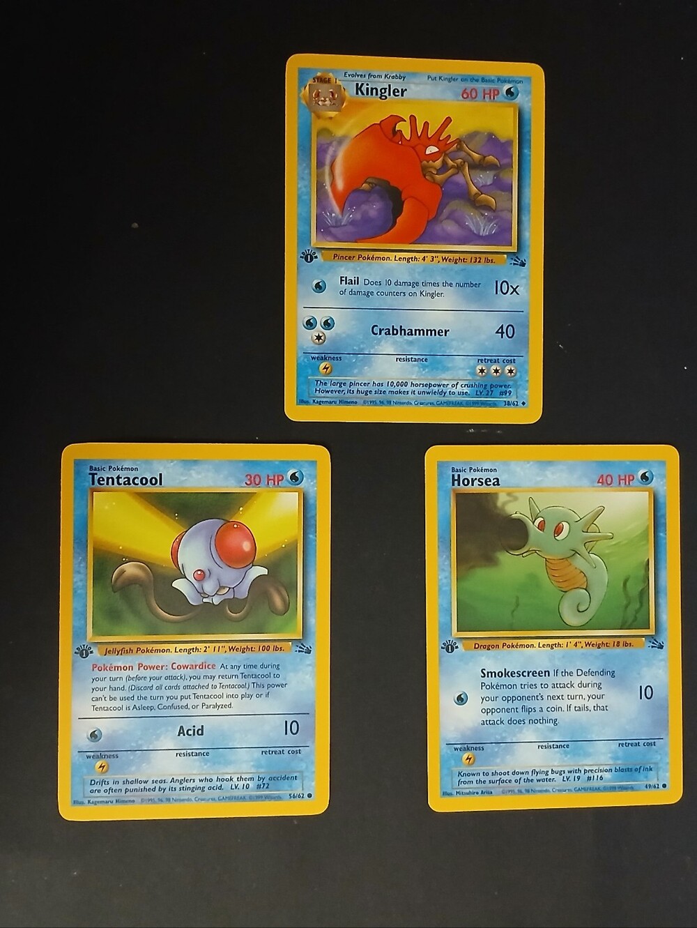 Vintage Pokemon Cards Set Of 3 Kingler Horsea Tentacool Fossil 1st Edition Mint